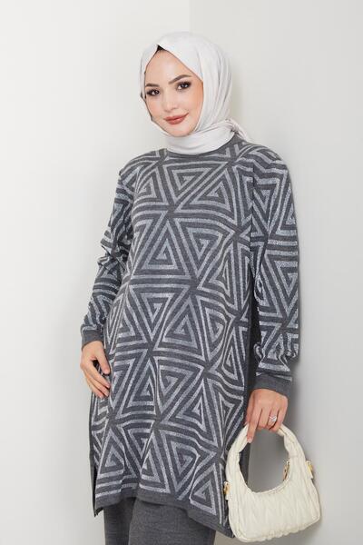 FATELLA Kadın Salaş Model Geometrik Desenli Tesettür Triko Tunik