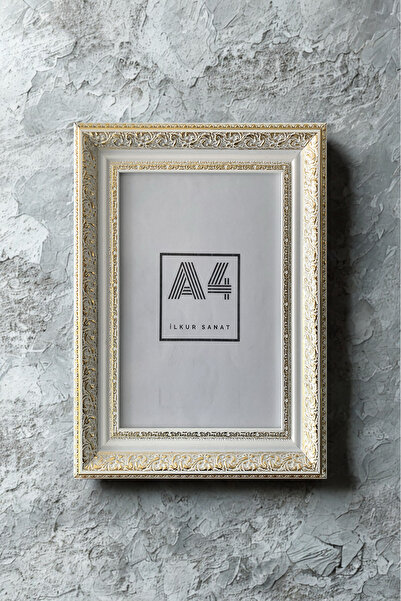 ilkur A4 Size (21X30) 2mm Thick Matte Glass Classic White Antique Gold Patterned Frame