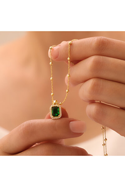 Craftique 925 Ayar Gümüş Altın Kaplama Dikdörtgen Zirkon Taş Çerçeveli Yeşil Taşlı Zarif Kadın Kolye