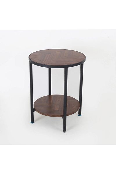 Vi Markets Round wood serving table - black iron bases and edges