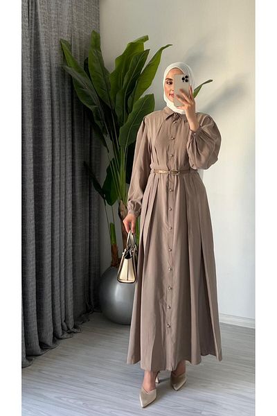 Molly Nelly Women's Pleated Detailed Belted Long Buttoned Dress