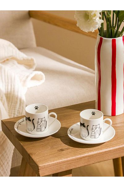LC Waikiki Lcw Cat Printed Porcelain Coffee Cup Set for 2 Persons 90 ml (W5)