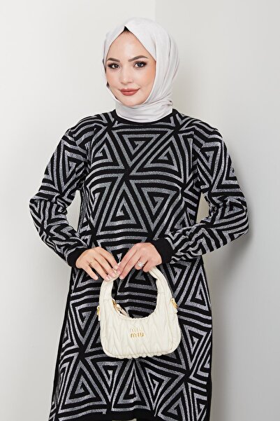 nacar çarşı Kadın Salaş Model Geometrik Desenli Tesettür Triko Tunik