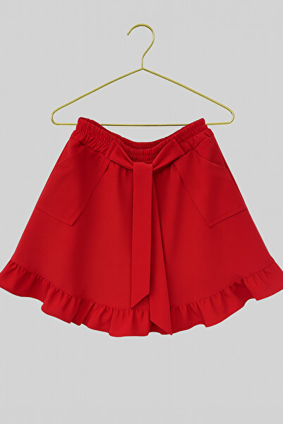nacar çarşı Kız Çocuk Kırmızı Fırfırlı Cepli Fiyonklu Etek Lastikli Bel Rahat Model 23 Nisan 29 Ekim Gösteri