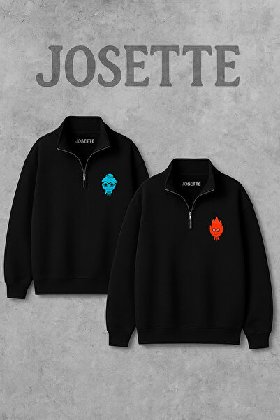 MELADYAN Ateş ve Su Baskılı Yarım Fermuarlı Dik Yaka Kazak