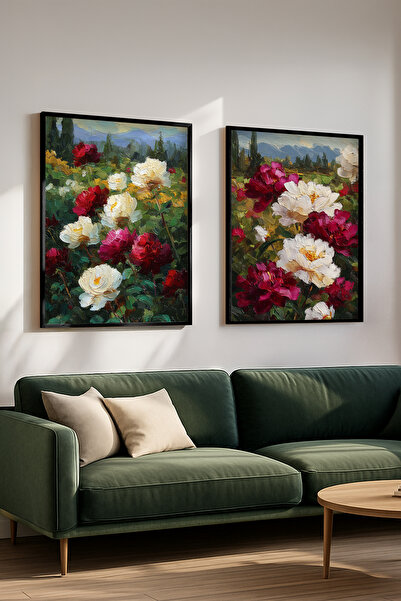 STARYUNA Σετ δύο ζωγραφικών εικόνων με μοτίβο λευκού και κόκκινου τριαντάφυλλ...