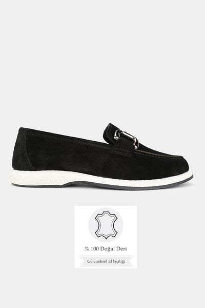 TUNAELLİ Women's Black Suede Khaki Natural Leather 36-41 Number Buckle Loafer Shoes