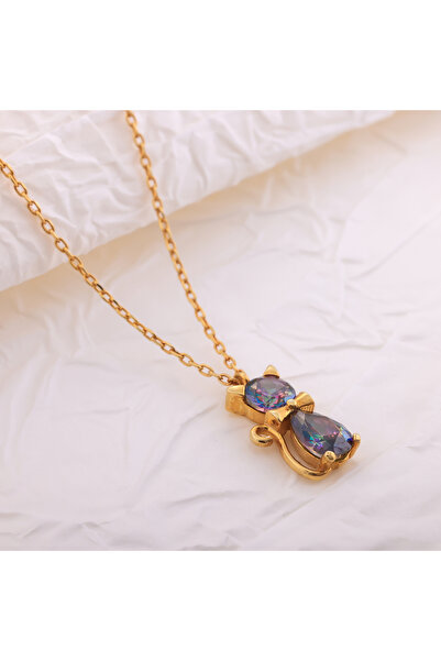 Craftique 925 Ayar Gümüş Altın Kaplama Zincir Üzerinde Taşlı Papyonlu Kedi Fi...