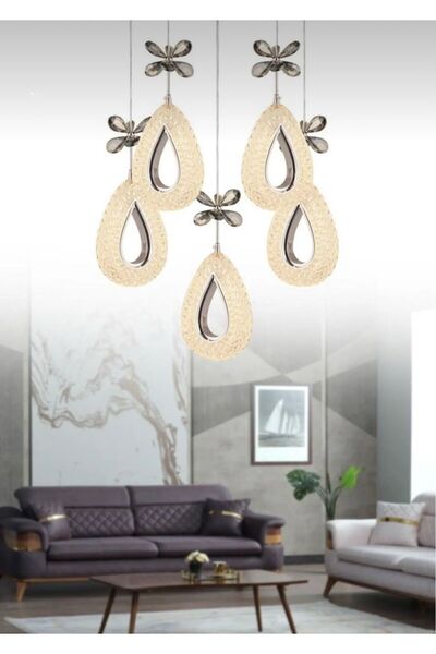 Litra Lighting Damla Model 5'li Krom 3 Renk Modu Ledli Kristal Taşlı Modern Salon Mutfak Oturma Odası Led Avize