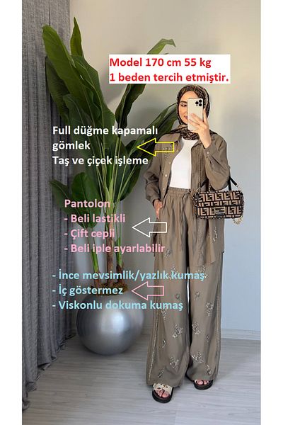 Molly Nelly Women's Flower and Stone Embroidered Design Shirt Pants Suit