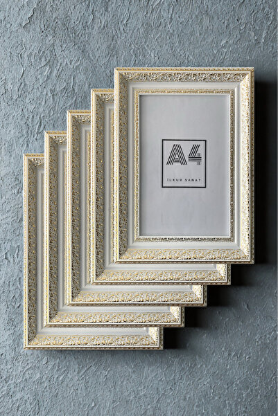 ilkur A4 Size (21X30) 2mm Thick Matte Glass Classic White Antique Gold Patterned Frame Five Pieces