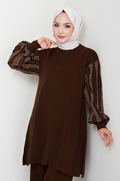 nacar çarşı Kadın Salaş Model Kolu Desenli Tesettür Lacivert Triko Tunik