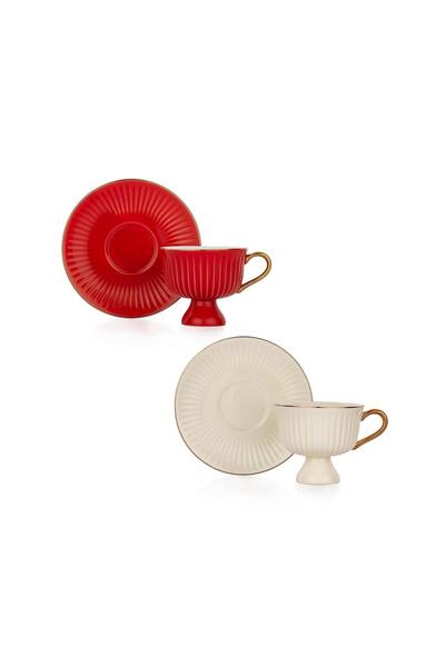 Altabi Coffee Cup Set for 2 People Porcelain Double Color and Bamboo Serving Tray