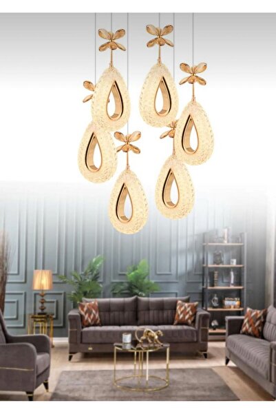 Marsel Lighting YAGMUR Model 6'li Gold 3 Renk Modu Ledli Modern Salon Mutfak Oturma Odası Led Avize