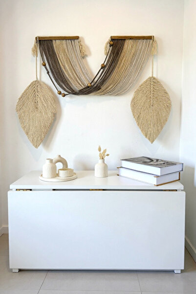 BAE El Yapımı Makrome Duvar Süsü – Çift Yapraklı Bohem Dekor (65x65 cm, Doğal...