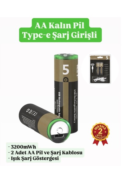 WASHA Kalın Pil Kalem Pil USB Type-C Kablo ile Şarj Edilebilir Lityum 2'li Kalem Pil 1.5V AA / 3200 mWH