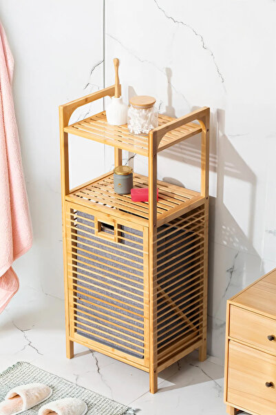 welcomein Bambu Çamaşır Sepeti Raflı & Kirli Sepeti İç Bölmeli 40x30x95 cm