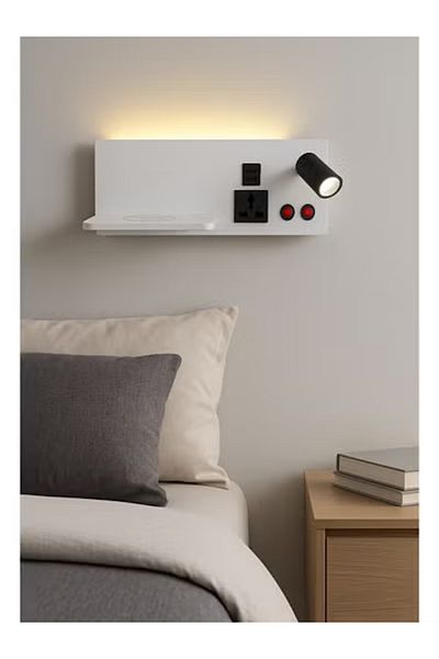 Nerfa Smart Bedside Light Panel with Wireless Charger, USB Ports, and Power Socket - White Frame