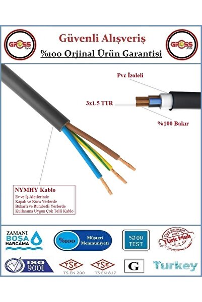 ÖZNUR 3x1.5 Nymhy Ttr Siyah Elektrik Uzatma Ara Kablosu - 50 Metre