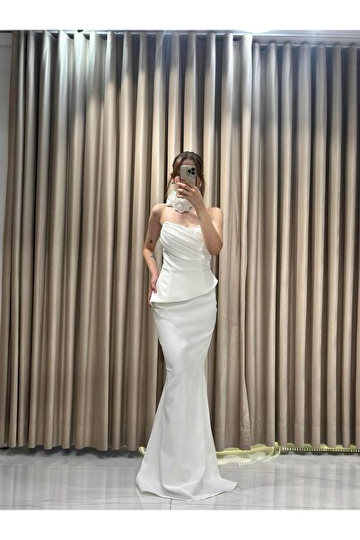 Kaleiçi Yıldızlar Beyaz Straplez Balık Model Abiye 5244