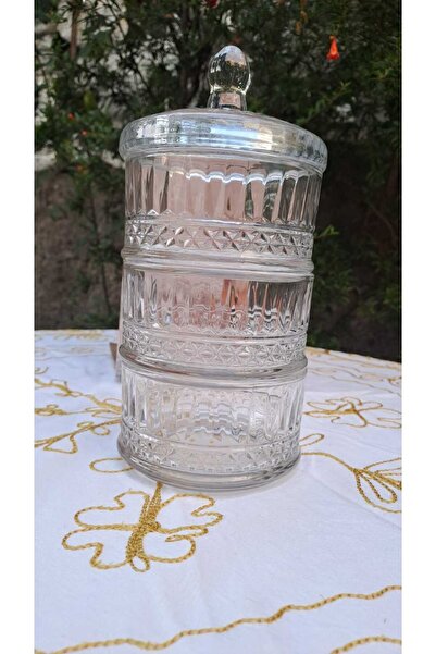 Online Kapında Lüks Cam Pupa Kapaklı 3 Lü Şekerlik Kurabiyelik 12*12*6 Cm