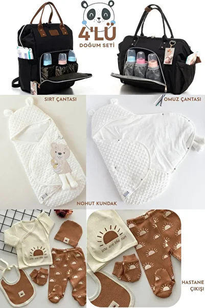Allmart 4-Piece Birth Set (Snap Fastener Chickpea Swaddle, Baby Care Backpack and Shoulder Bag, 100% Cotton Hospital Release)