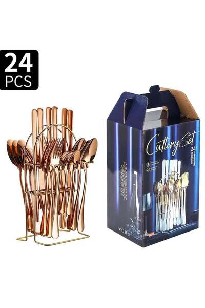 Generic 24-Piece Stainless Steel Cutlery Set with Stand – Rose Gold Finish