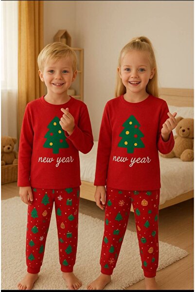 elmas kids Erkek ve kız çocuk %100 pamuklu unisex ağaç desenli pijama takımı