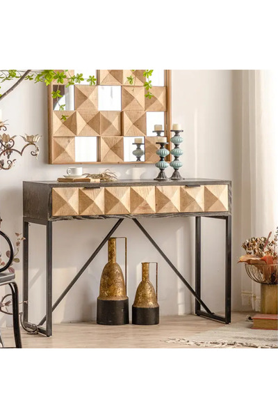 Vi Markets Wooden console - two drawers, rustic design - iron bases