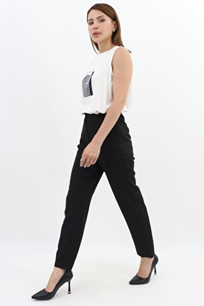 Armine Beli Lastikli Düğmeli Havuç Paça Pantolon - Siyah