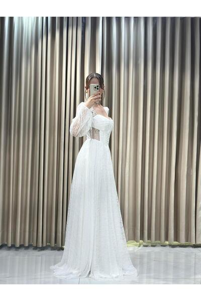 Kaleiçi Yıldızlar Beyaz Yeni Sezon Dantel Model Abiye 5154