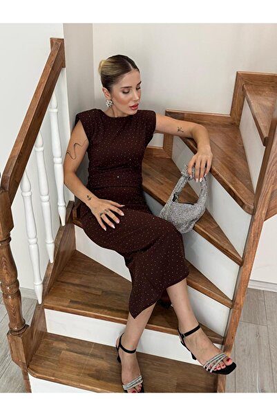 YK FASHION Taş Detaylı Vatkalı Elbise