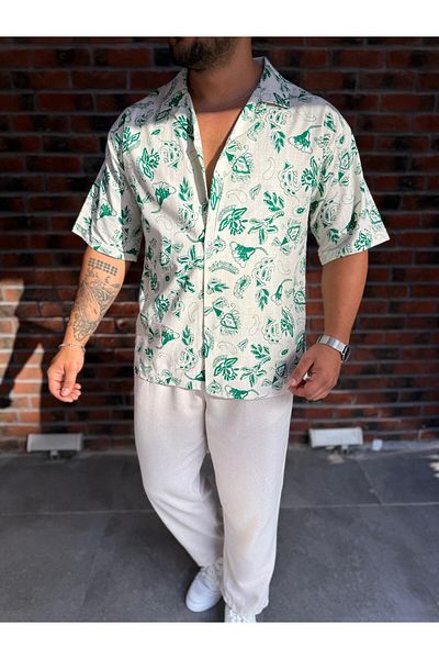 Baycombine35 Men's Hawaiian Style Floral Patterned Summer Linen Shirt