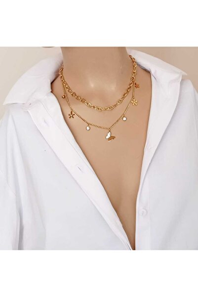 shop قلادة من الفولاذ 316L بصفين مع تفاصيل الفراشة والزهور