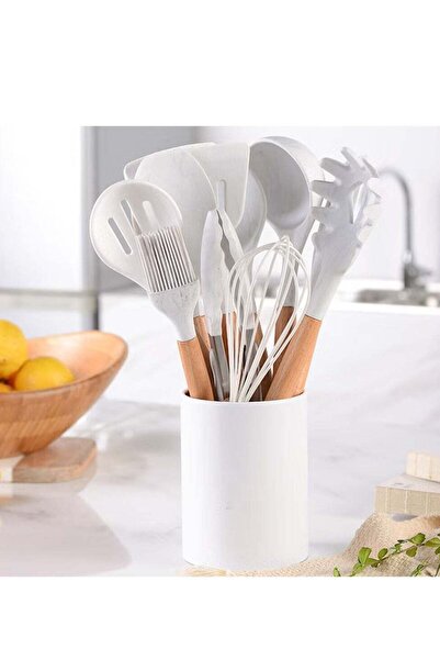 Generic JAJEEK 11-Piece Silicone Non-Stick Cooking Utensil Set with Wooden Handle â€“ White/Brown, Heat-Res