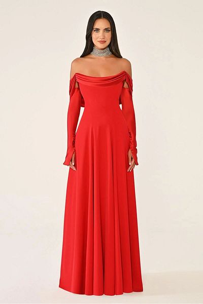 ALFABETA Elegant long evening dress with lapel detail, short sleeves and long sleeves
