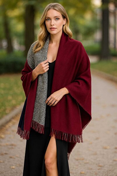 Betülce Γυναικείο χειμερινό καρό μάλλινο σάλι - Σάλι ώμου διπλής όψης / Σάλι κουβέρτας μεγάλου μεγέθους 70x190cm-Βουργουνδία