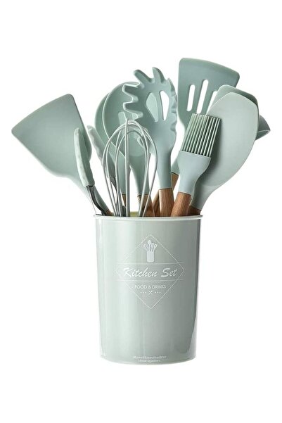 Generic XiuWoo 11-Piece Silicone Cooking Utensil Set with Barreled Holder Green/Brown One Size