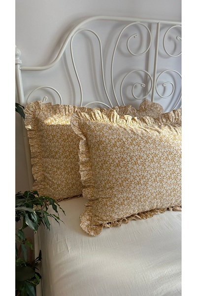 Decamor home Pack of 2 Ecru Yellow Mini Floral Ruffled Cotton Pillowcases