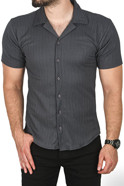 DeepSEA Мъжка антрацитова риза с къс ръкав, памучна, с яка, с тъкан жакард, с тясна кройка, спортна.