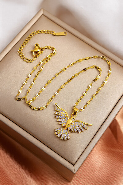 The Collection Zirkon Anka Kuşu Çelik Kolye Kararmaz Gold Zirkon Taşlı Çelik Kolye