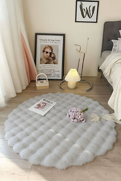 BESELY Açık Gri Bubble Yuvarlak Peluş Yumuşak Kaymaz Taban Tüylü Yıkanabilir ...