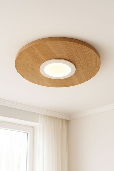 AR&MA WOOD Yuvarlak Meşe Kaplama Led Tavan Aydınlatması, Yatak Odası, Koridor, Banyo Lambası 42 cm