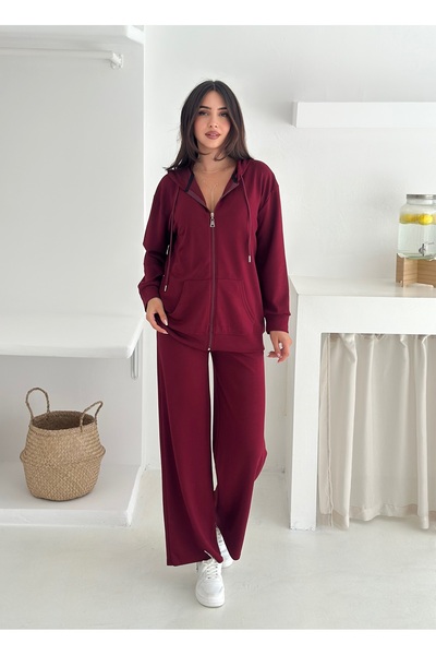02Lady Fashion Hooded Zippered Wide Leg Modal Fabric Tracksuit Set
