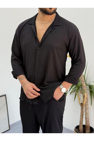 Baycombine35 Unisex Long Sleeve Buttoned Wrinkle Crinkle Fabric Shirt