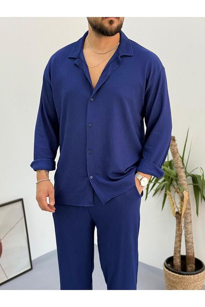 Baycombine35 Unisex Long Sleeve Buttoned Wrinkle Crinkle Fabric Shirt