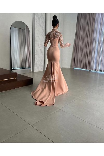 Afnan Boutique Peach evening dress with embroidered lace sleeves