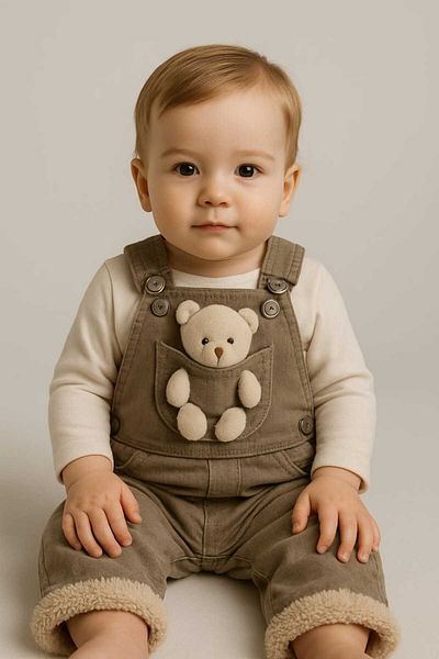 GAMZEAKKUŞ Unisex Children's Jumpsuit with Welsoft and Teddy Bear Detail Inside, Adjustable Strap Length (One Jumpsuit)