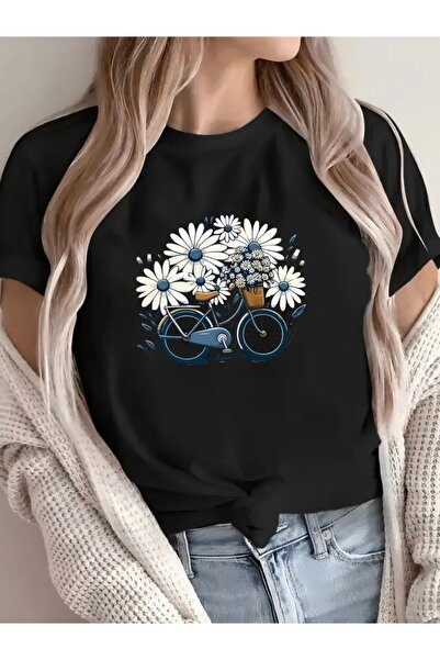 FUFLUNS تي شيرت برقبة دائرية للجنسين مطبوع عليه زهرة الأقحوان والدراجة