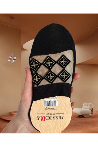 İntive Lingerie Zeyna Transparent Front Gold/Silver Embroidered Closed Toe Feminine Stylish Ballerina Socks
